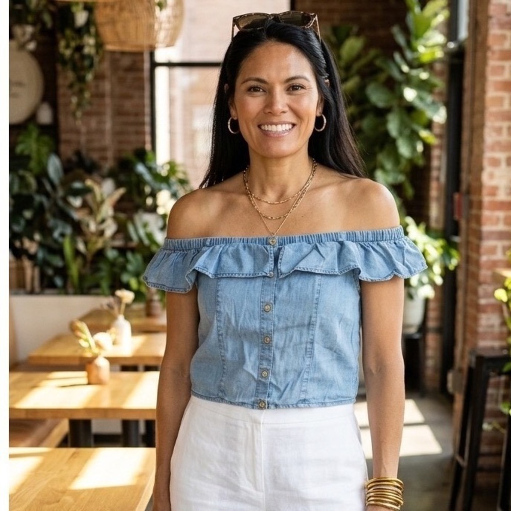 Beceel Vintage Vibe Chambray Off The‎ Shoulder Ruffle Crop Top Denim Women Small